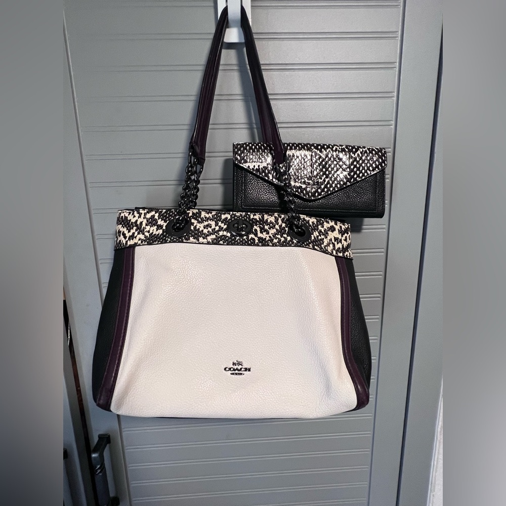 COACH Turnlock Edie Carryall In Colorblock With Snakeskin Detail w/ Wallet